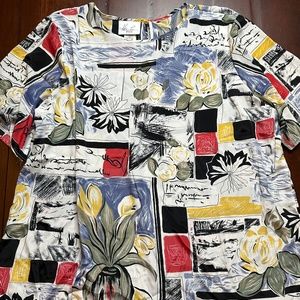 Kathie Lee Vintage Blouse with Blue White Yellow Black Print 22W Short Sleeve